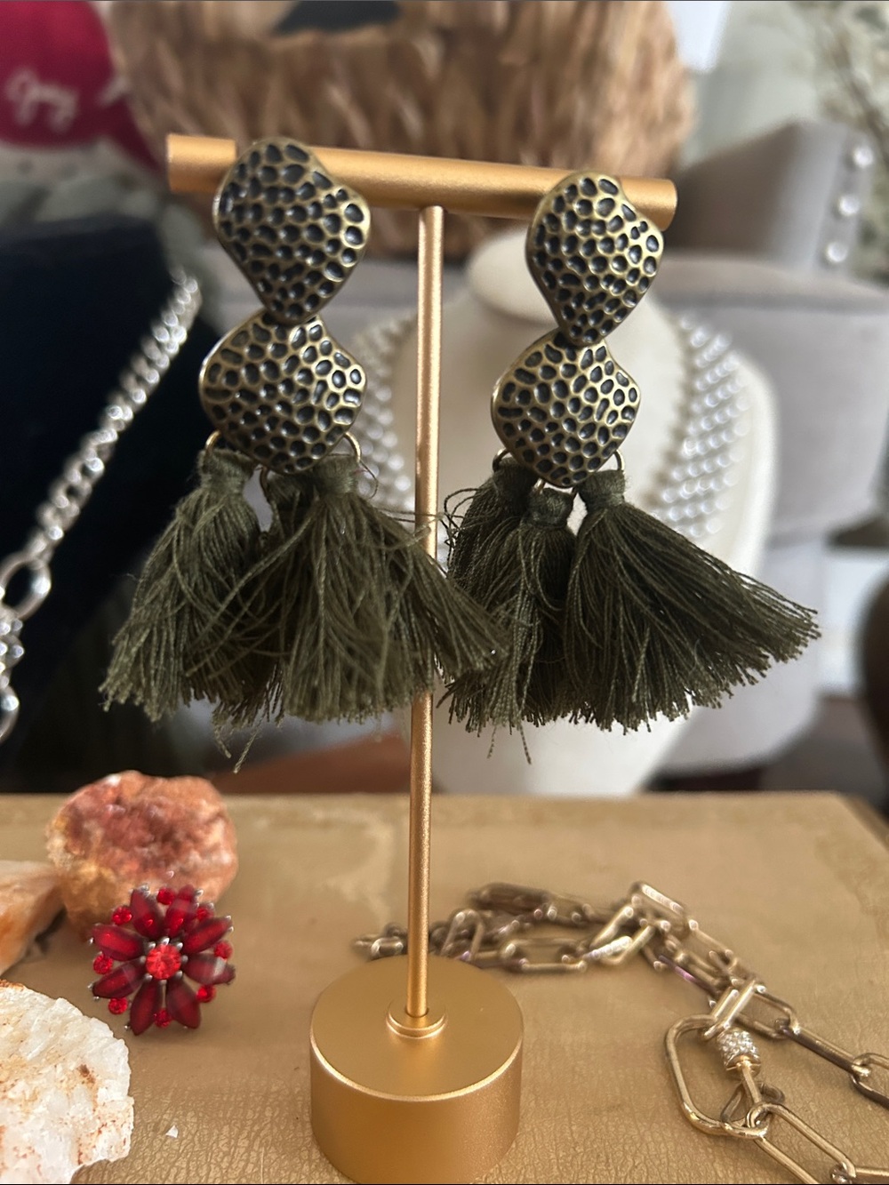 & Other Stories Olive Green Tassel Drop Earrings with Textured Gold Accents